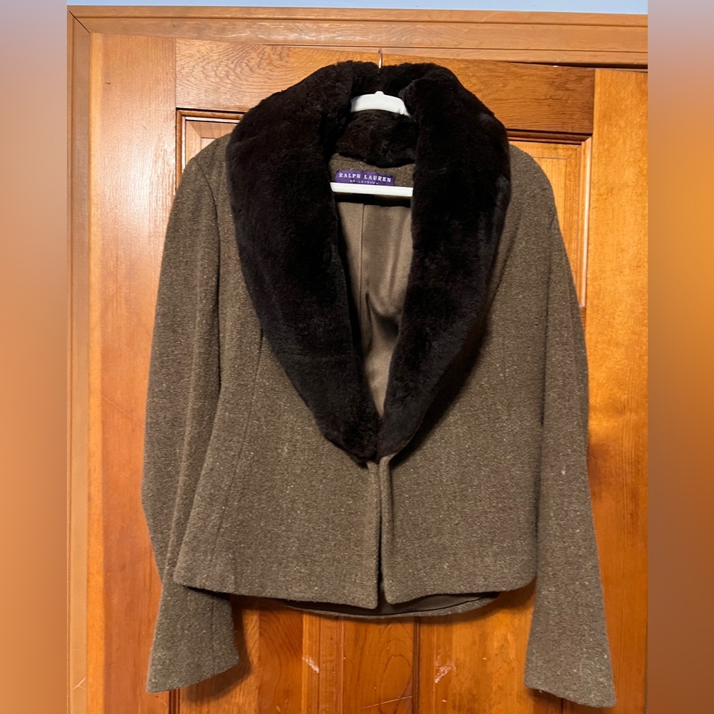 Ralph Lauren Purple Label Women's Olive Jacket with Rich Brown Fur Collar